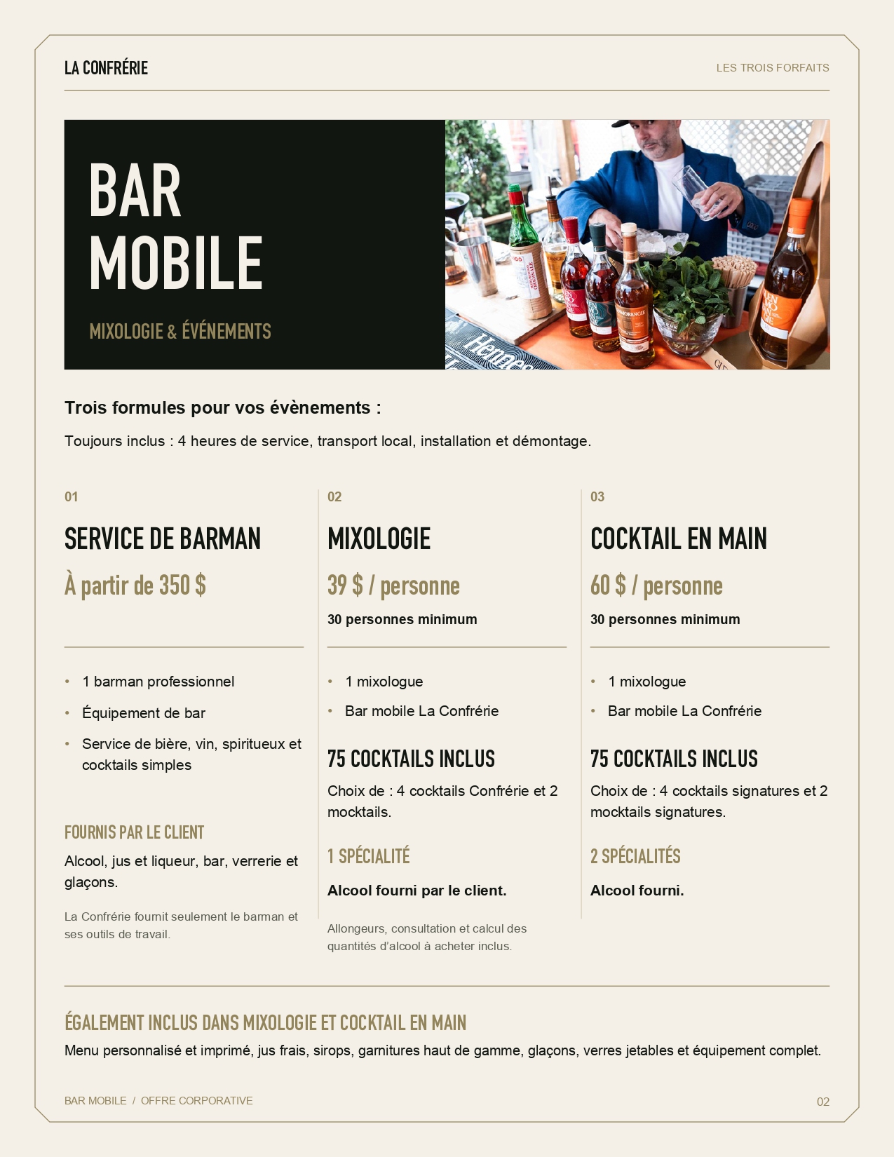 Bar mobile La Confrérie — les trois forfaits : Service de barman, Mixologie et Cocktail en main